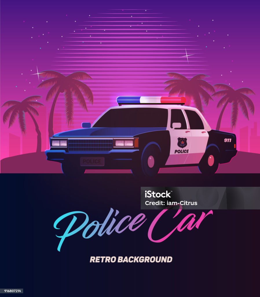 80s retro neon gradient background. Vintage police car. 80s retro neon gradient background. Vintage police car. Palms and city. Tv glitch effect. Sci-fi beach Police Force stock vector