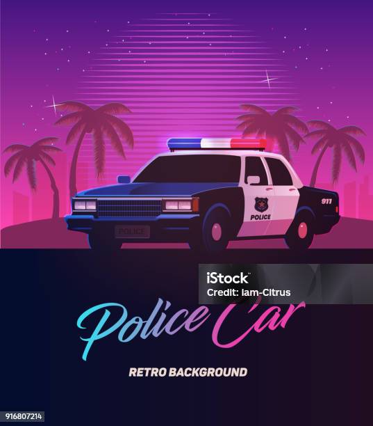 80s Retro Neon Gradient Background Vintage Police Car Stock Illustration - Download Image Now