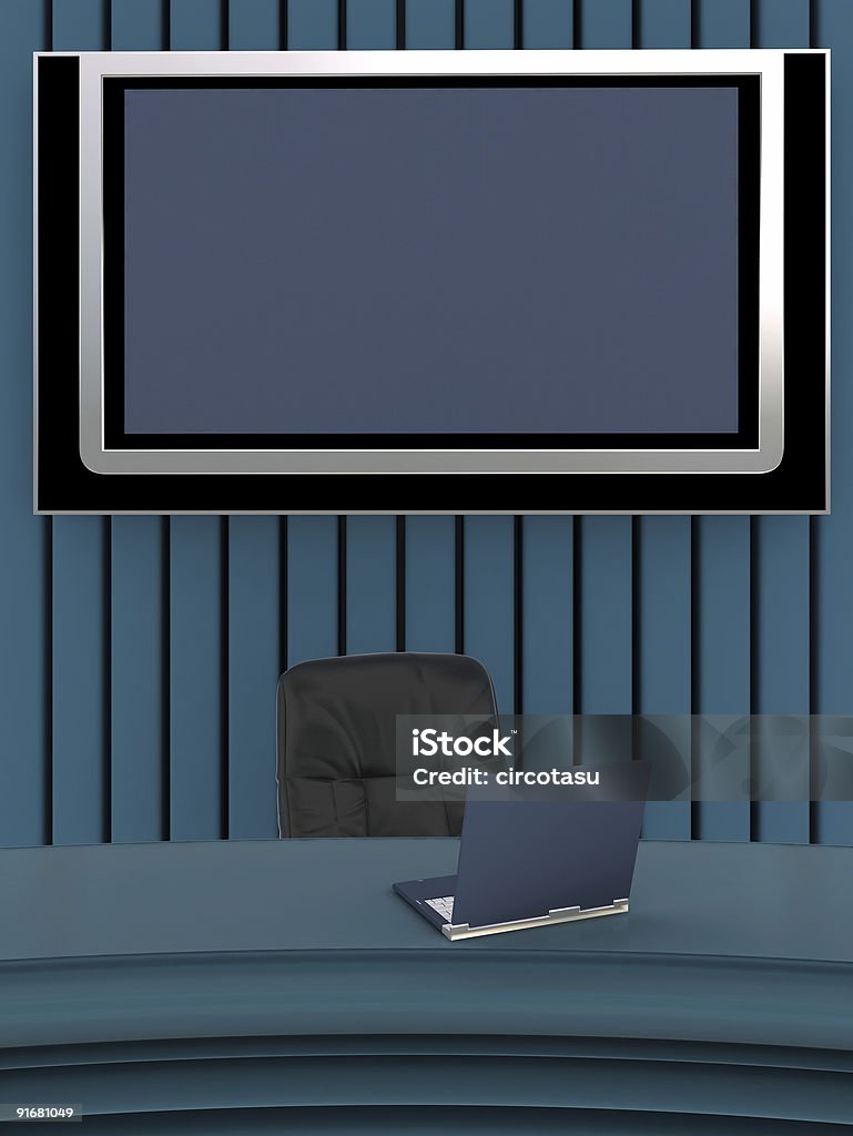 interior de oficina con ordenador portátil y televisor con pantalla plana - Foto de stock de Azul libre de derechos