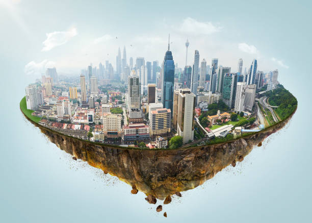 Fantasy island Fantasy island floating in the air with modern city skyline . island city stock pictures, royalty-free photos & images