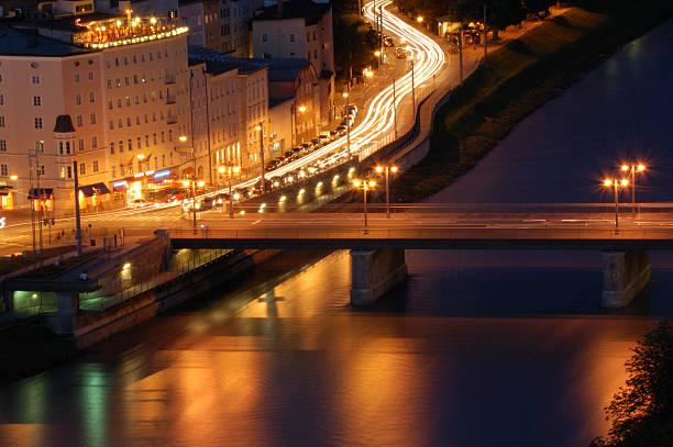 Blurred background of Dresden skyline across Elbe river at night. Romantic bokeh lights and blue twilight. Space for your text. This image is blurred, there is no focal point, except detail in bokeh elements.