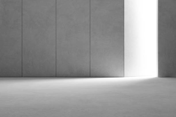 abstrakte interior design der modernen showroom mit leeren grauen betonboden und dunklen wand hintergrund - halle oder bühne 3d illustration - belton hall stock-fotos und bilder