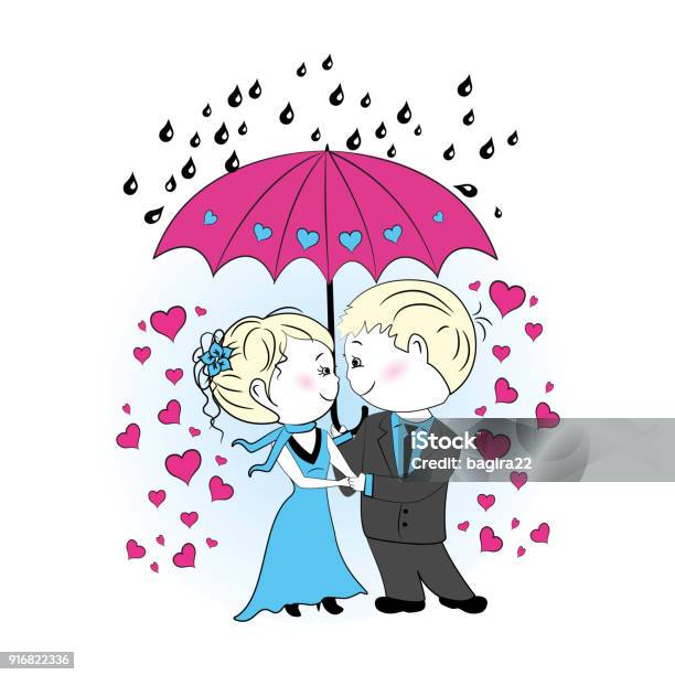 Couple In Love Standing Under An Umbrella In The Rain Stock Illustration -  Download Image Now - iStock