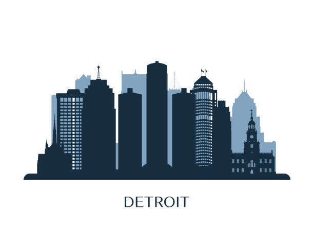 ilustraciones, imágenes clip art, dibujos animados e iconos de stock de skyline de detroit, silueta monocromo. ilustración de vector. - detroit