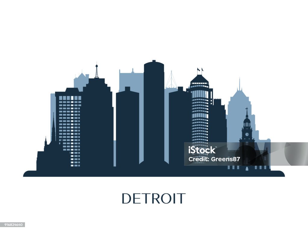 Detroit skyline, monochrome silhouette. Vector illustration. Detroit - Michigan stock vector