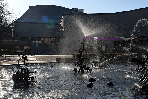 The famous Tinguely Fountain in the Center of Basel City next to the Theater. The fountain was created in 1977 on the place where the Theater was located before.