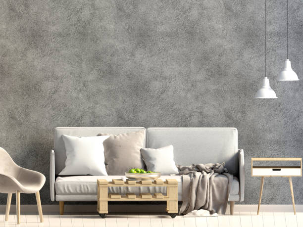 istock Contrasting modern interior Scandinavian style, consisting of  sofa and wall decorative plaster. Wall mock up. 3d illustration 916826936