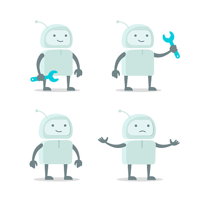 Robot alien character set with wrench spanner repairs. Color vector illustration stock