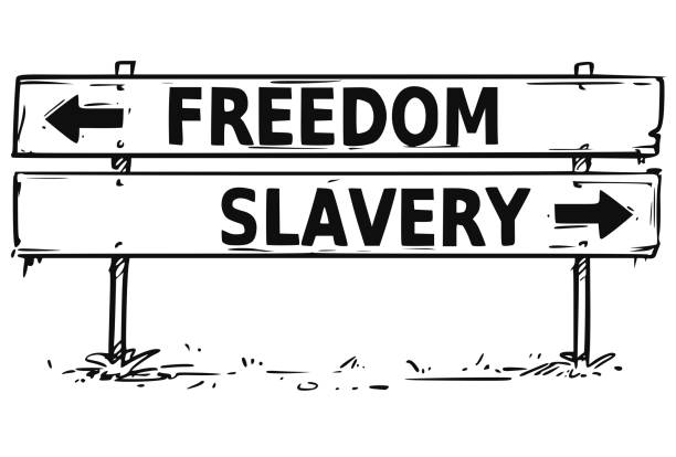 Road Block Arrow Sign Drawing of Freedom or Slavery Decision Vector drawing of freedom or slavery business decision road block arrow sign. drawing of slaves working stock illustrations