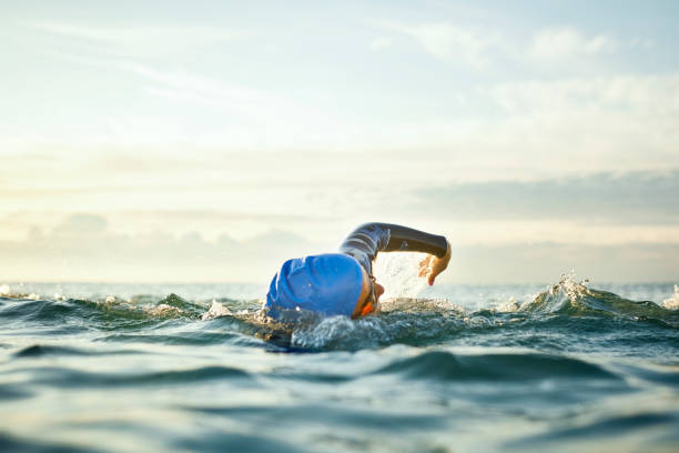 Determined woman swimming in sea Determined woman swimming in sea. Mature female is enjoying water sport during sunset. She is representing healthy lifestyle. effort stock pictures, royalty-free photos & images