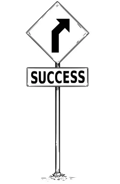 Vector illustration of Drawing of Curved Road Arrow Traffic Sign with Success Text