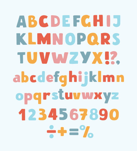 Multicolored kids Vector Font, letters, numbers and orthographic symbols Vector cartoon typeface, multicolored kids vector ABC, letters, numbers and symbols. Upprcase and lowercase cute childish signs playful font stock illustrations