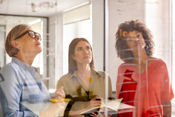 istock Businesswomen discussing plan on glass wall 916844562