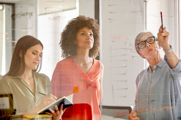 istock Businesswomen discussing plan on glass wall 916844596