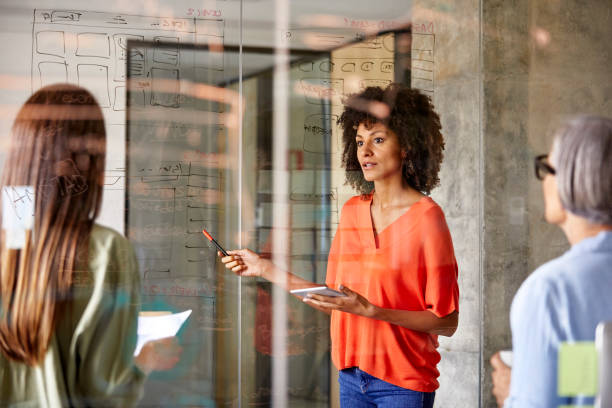 istock Businesswomen discussing plan on glass wall 916844724