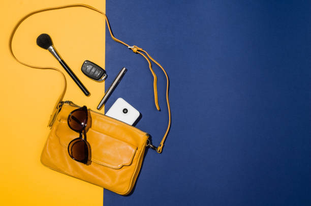 Woman's accessories flat lay on colorful background top view