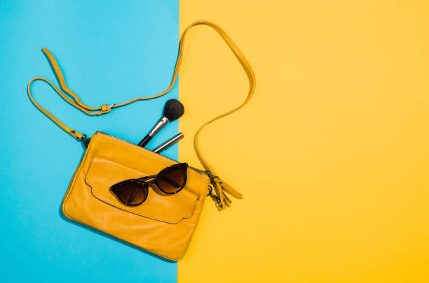 istock Woman's accessories flat lay on colorful background top view 916847876