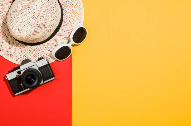 istock Woman's accessories flat lay on colorful background top view 916848468