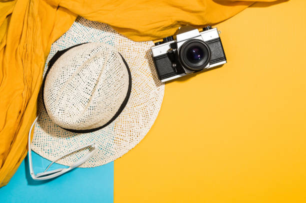istock Woman's accessories flat lay on colorful background top view 916848626