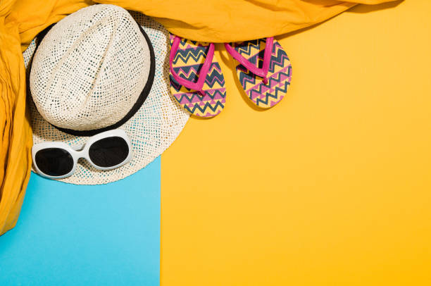 istock Woman's accessories flat lay on colorful background top view 916848682