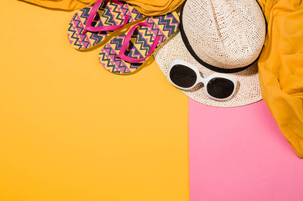 istock Woman's accessories flat lay on colorful background top view 916848804