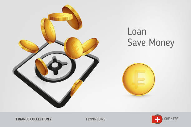 istock Safe icon with flying Franc coins, finance concept. Vector illustration for print, websites, web design, mobile app, infographics. 916849174