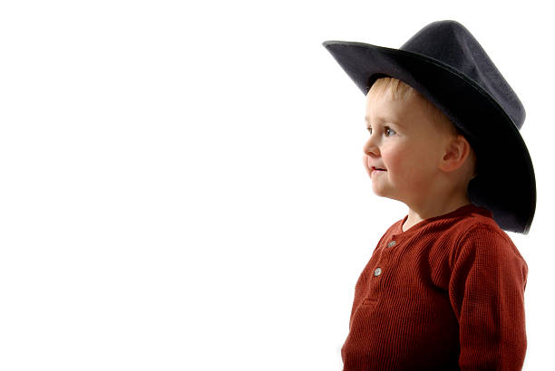 3D Character looking excited at cowboy hat. 3D Rendering isolated on white.
