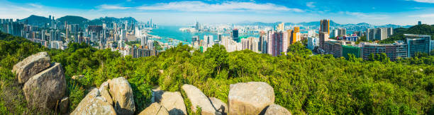 il porto di hong kong ha affollato il paesaggio urbano del grattacielo dal panorama collinare della cina - admiralty bay foto e immagini stock