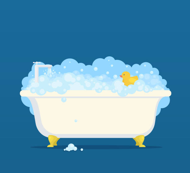 ilustraciones, imágenes clip art, dibujos animados e iconos de stock de bañera con burbujas de jabón y pato lindo - bañera