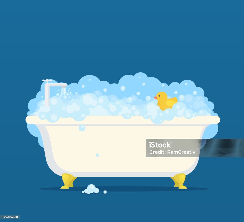 Bathtub with soap bubbles and cute duck Bathtub stock vector