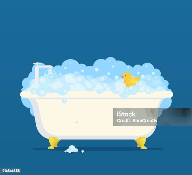 Bathtub With Soap Bubbles And Cute Duck Stock Illustration - Download Image Now - Bathtub, Taking a Bath, Cartoon