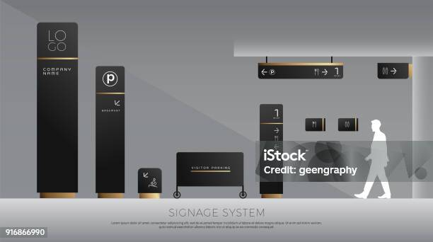 Concept De Signalisation Extérieurs Et Intérieurs Direction La Perche Système De Mur Mont Et Le Trafic De Signalisation Ensemble De Modèles De Conception Espace Vide Pour Identité Visuelle Logo Texte Noir Et Or Vecteurs libres de droits et plus d'images vectorielles de Signalisation