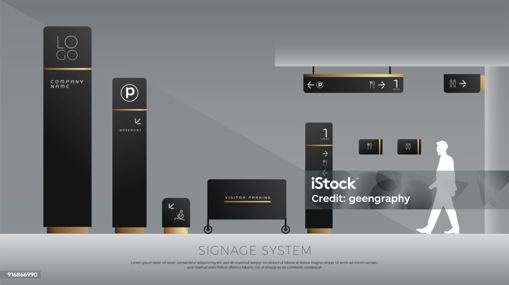 exterior and interior signage concept. direction, pole, wall mount and traffic signage system design template set. empty space for logo, text, black and gold corporate identity Sign stock vector