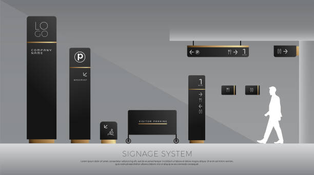 exterior and interior signage concept. direction, pole, wall mount and traffic signage system design template set. empty space for logo, text, black and gold corporate identity exterior and interior signage concept. direction, pole, wall mount and traffic signage system design template set. empty space for logo, text, black and gold corporate identity airport borders stock illustrations