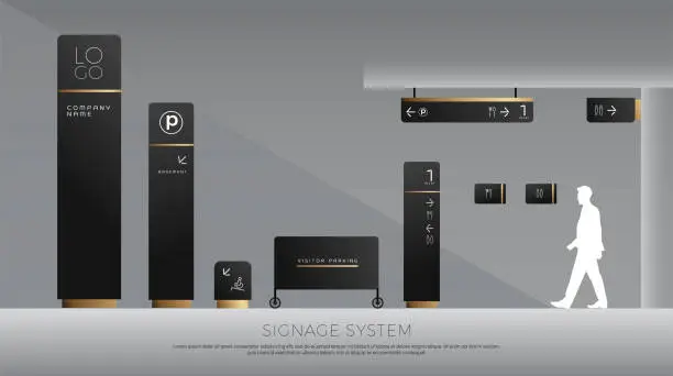 Vector illustration of exterior and interior signage concept. direction, pole, wall mount and traffic signage system design template set. empty space for logo, text, black and gold corporate identity