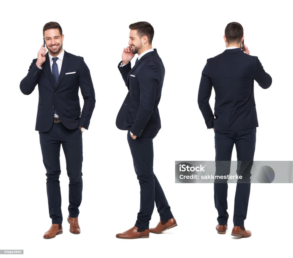 Young caucasian businessman calling front side back view isolated Young caucasian businessman calling front, side, back view, isolated on white Businessman Stock Photo