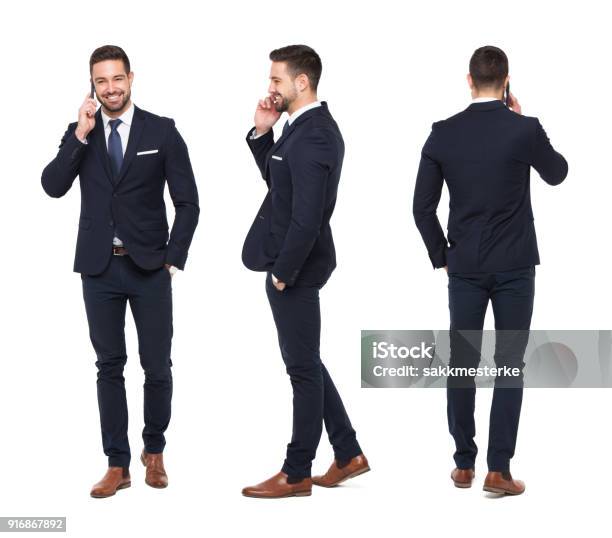 Young Caucasian Businessman Calling Front Side Back View Isolated Stock Photo - Download Image Now