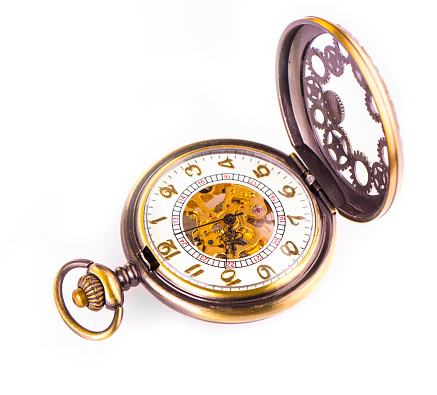 Old opened vintage clock on white background
