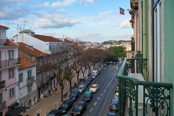 Rua Dom Pedro V. Lisbon. Portugal LISBON, PORTUGAL - JUNE 24, 2016: The view along the Rua Dom Pedro V from one of the balcony of residential house. Lisbon. Portugal bailey castle stock pictures, royalty-free photos & images