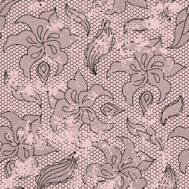 Torn lace floral seamless pattern in black + pink colors. Ragged guipure grunge background Lace floral seamless pattern in vector lace black lingerie floral pattern stock illustrations