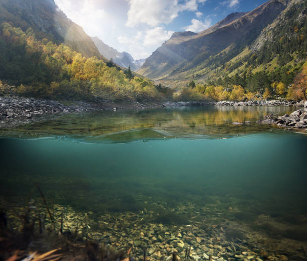 Underwater. Beautiful lake between the green banks and mountains. stock photo