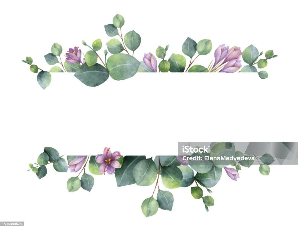 Watercolor vector wreath with green eucalyptus leaves, purple flowers and branches. Watercolor vector wreath with green eucalyptus leaves, purple flowers and branches. Spring or summer flowers for invitation, wedding or greeting cards. Flower stock vector