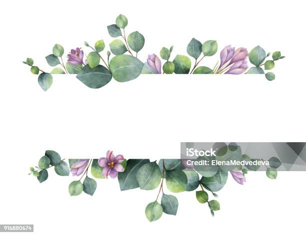 Watercolor Vector Wreath With Green Eucalyptus Leaves Purple Flowers And Branches Stock Illustration - Download Image Now