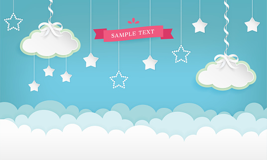 Cartoon cloudscape background with stars. Clouds with satin ribbon and bow. Vector illustration.