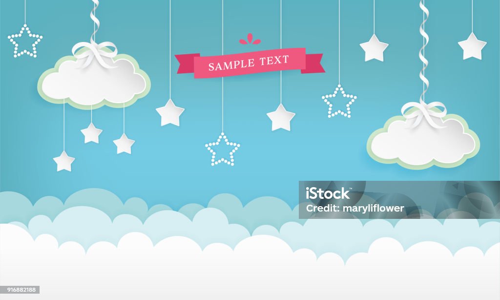 Cartoon cloudscape background with stars. Clouds with satin ribbon and bow. Vector illustration. Baby - Human Age stock vector