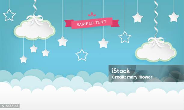 Cartoon Cloudscape Background With Stars Clouds With Satin Ribbon And Bow Vector Illustration Stock Illustration - Download Image Now
