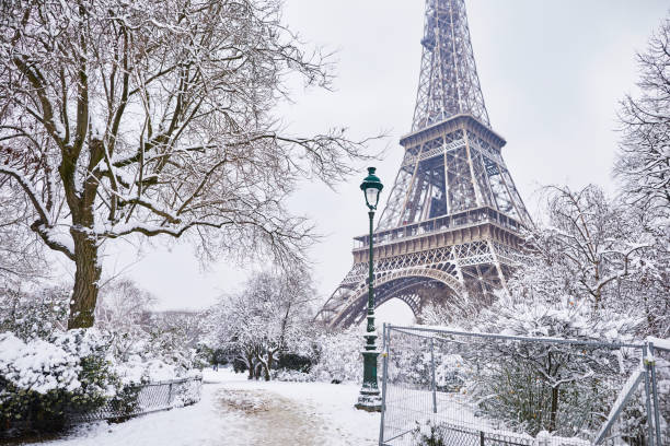 vista panoramica della torre eiffel nella giornata nevosa - winter destination foto e immagini stock