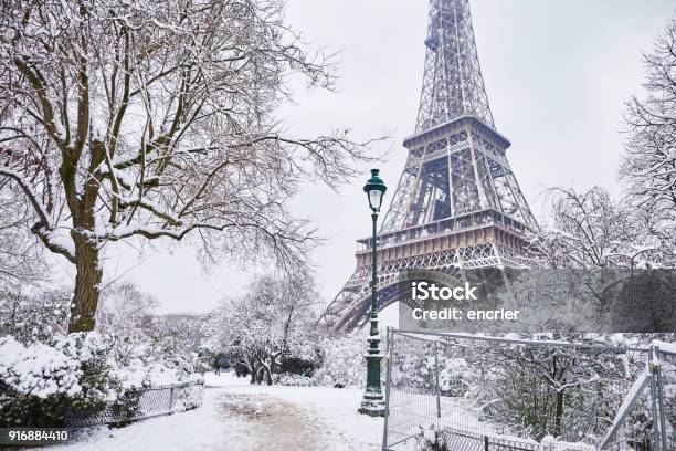 Scenic View Of Eiffel Tower On Snowy Day Stock Photo - Download Image Now - Paris - France, Winter, Snow