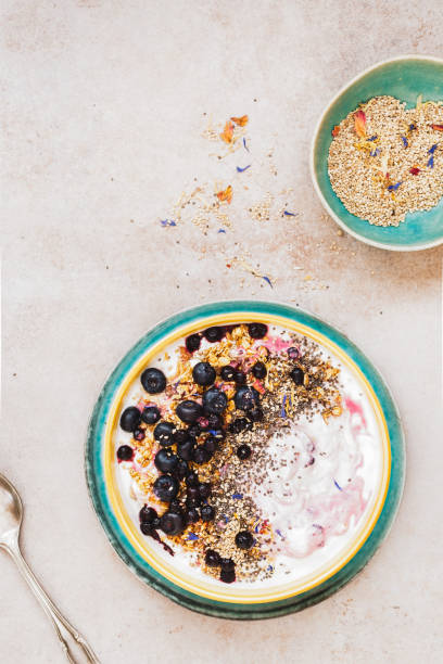 istock Breakfast bowl with granola, fresh blueberries, chia and sesame seeds 916885280