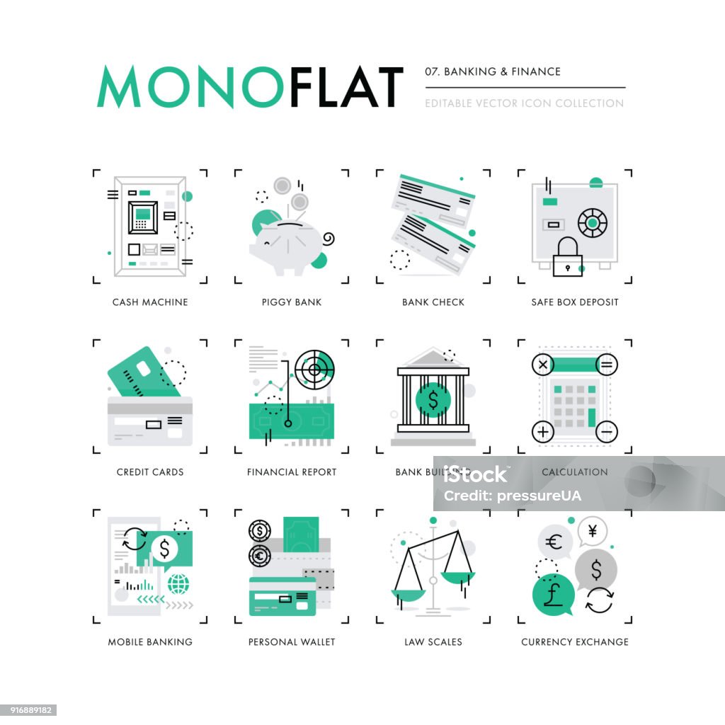 Finance Banking Monoflat Icons Infographics icons collection of mobile banking, personal finance, money and credit cards. Modern thin line icons set. Premium quality vector illustration concept. Flat design web graphics elements. Banking stock vector